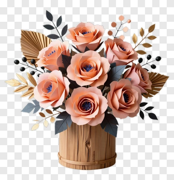 Paper Rose Bouquet In A Wooden Vase PNG