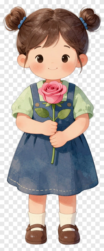 Cartoon Girl Holding A Pink Rose PNG