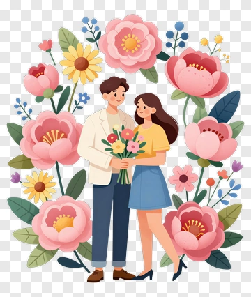 Happy Couple Holding Flowers Surrounded By Colorful Flowers PNG