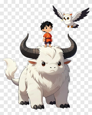 Cartoon Boy Standing On A White Yak With An Owl PNG