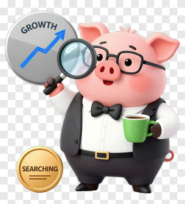 Cartoon Pig Holding A Magnifying Glass And Coffee Cup PNG