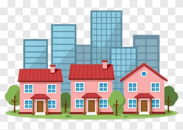 Cartoon Houses In Front Of Skyscrapers PNG