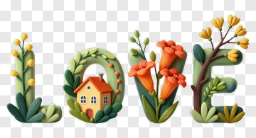 Colorful Love Composition With Flowers And House PNG
