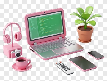 Pink Laptop With Accessories And Plant PNG