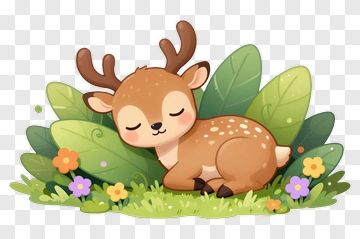 Cartoon Fawn Sleeping In A Garden PNG