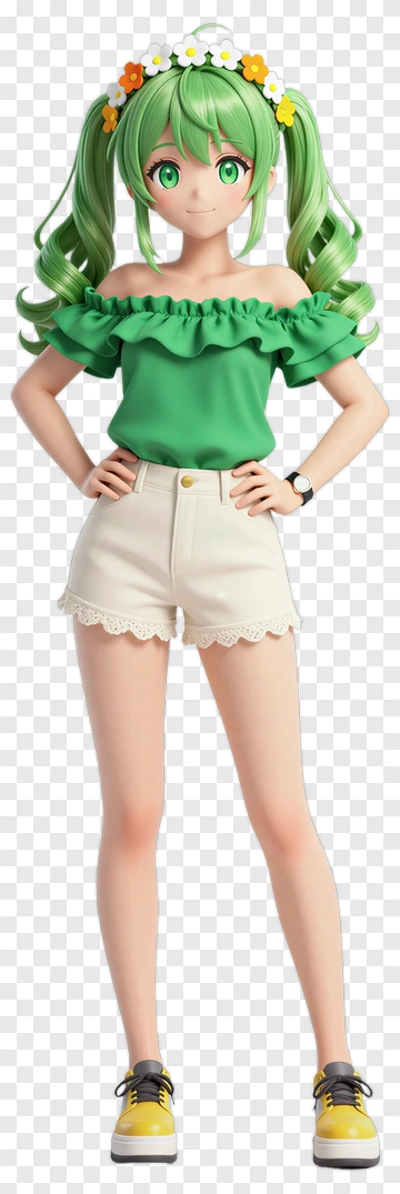3D Girl In Green Top And White Shorts PNG