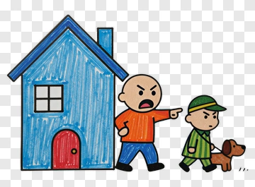 Angry Man Pointing At Boy With Dog Near House PNG
