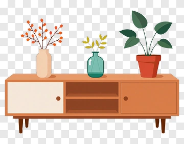 Stylish Sideboard With Decorative Plants PNG