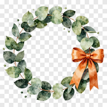Watercolor Leaf Wreath With Orange Bow PNG
