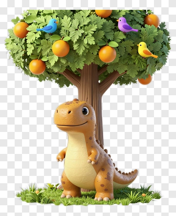 Cartoon Dinosaur Standing Under A Tree With Colorful Birds PNG