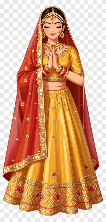 Traditional Indian Woman In A Yellow And Red Dress PNG