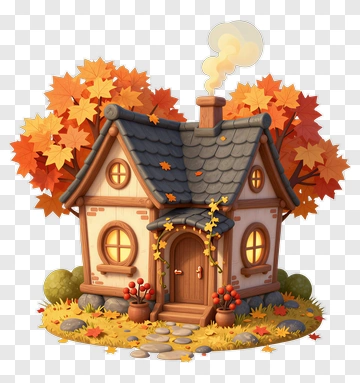 Cozy Autumn House With Colorful Leaves PNG