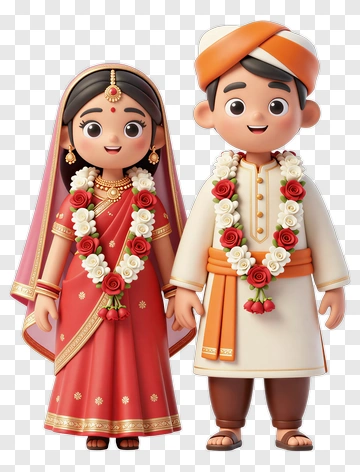 Cartoon Couple In Traditional Indian Wedding Attire PNG