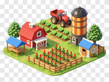 3D Farm Scene With Tractor And Barn PNG
