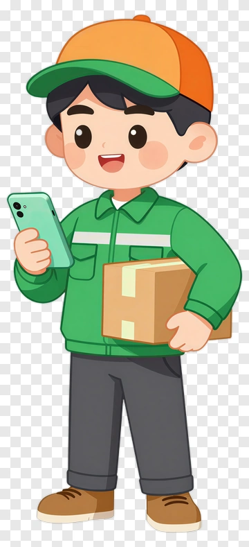 Cartoon Delivery Person Holding A Package And Phone PNG