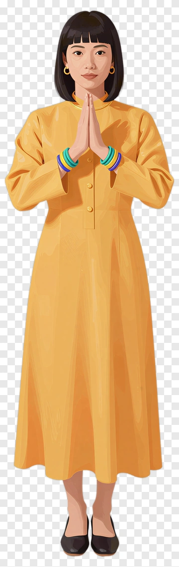 Woman In Yellow Dress With Hands Together PNG