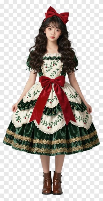 Girl In Green Dress With Red Bow PNG