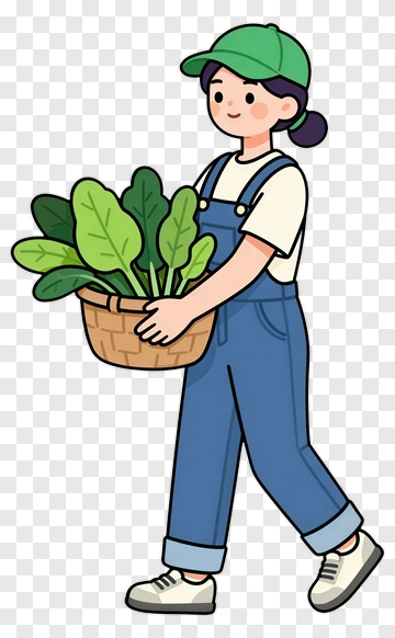 Cartoon Farmer Carrying A Basket Of Greens PNG