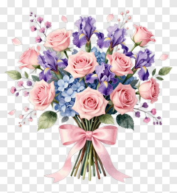 Flower Bouquet With Pink Roses And Irises PNG