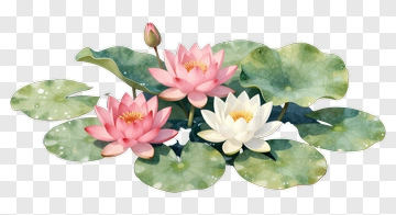Watercolor Lotus Flowers On Green Leaves PNG