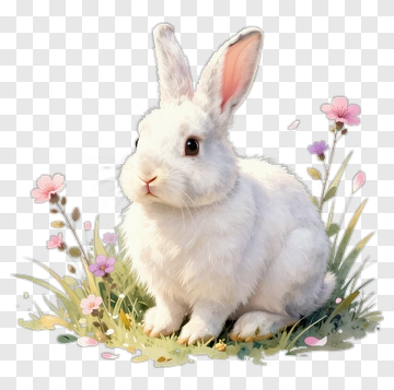 White Rabbit Sitting In A Flowering Meadow PNG