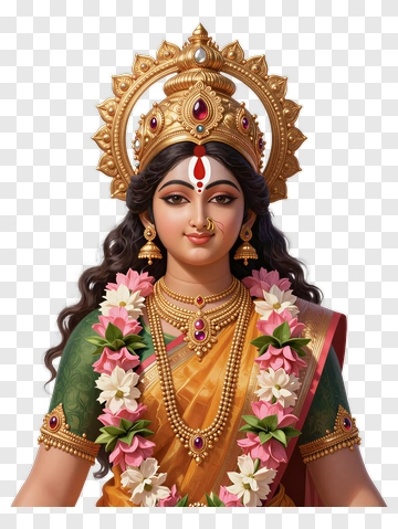 Goddess With Floral Garland And Traditional Attire PNG