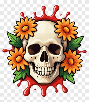 Skull Surrounded By Flowers And Blood Splatter PNG