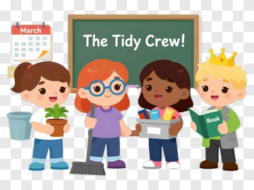 Cartoon Children Holding Cleaning Supplies PNG