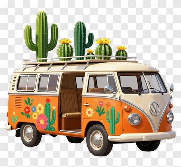 Colorful Vintage Volkswagen Van With Cacti And Flowers PNG