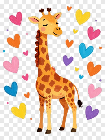 Cartoon Giraffe Surrounded By Colorful Hearts PNG