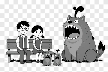 Cartoon Children Sitting On A Bench With A Large Dog PNG