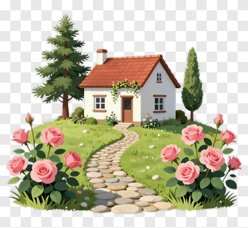 Charming Cottage Surrounded By Roses PNG