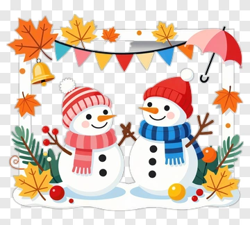 Cartoon Snowmen With Autumn Leaves And Bunting PNG