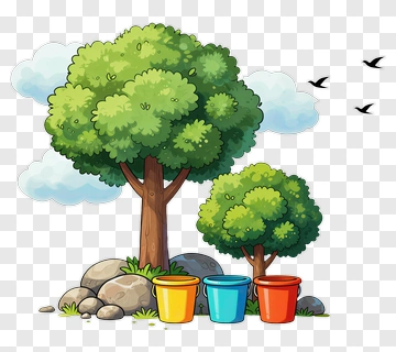 Cartoon Trees With Colorful Buckets PNG