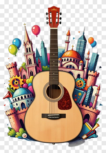 Colorful Guitar Surrounded By Festive Elements PNG