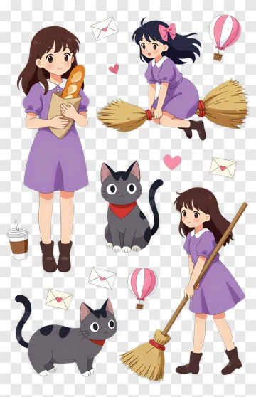 Cartoon Girls With Cats And Balloons PNG