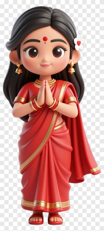 Cartoon Woman In Red Saree With Hands Together PNG