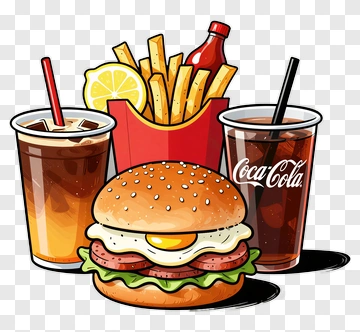 Fast Food Meal With Burger, Fries, And Drinks PNG
