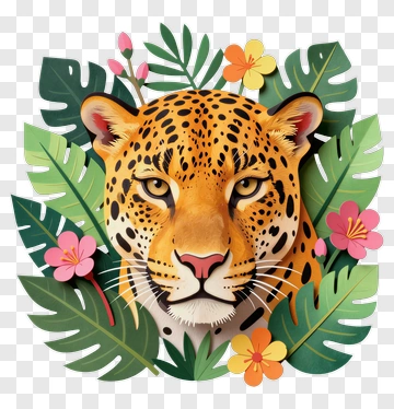 Colorful Leopard Head Surrounded By Tropical Leaves And Flowers PNG