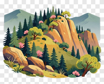 Colorful Mountain Landscape With Trees And Rocks PNG