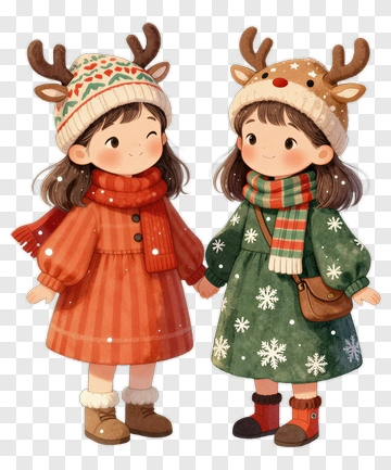 Cartoon Girls In Winter Outfits With Reindeer Hats PNG