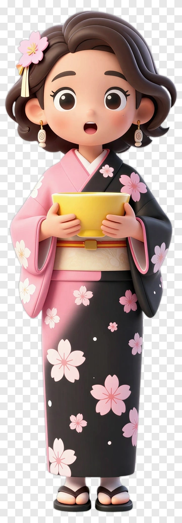 Cartoon Girl In Kimono Holding A Bowl PNG