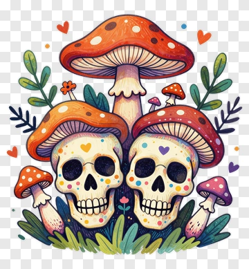 Cartoon Skulls Surrounded By Colorful Mushrooms PNG