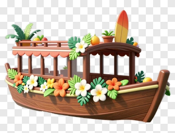 Colorful Decorative Boat With Flowers And Surfboard PNG