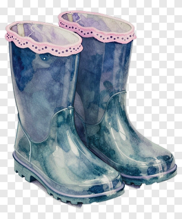Watercolor Rain Boots With Pink Trim PNG