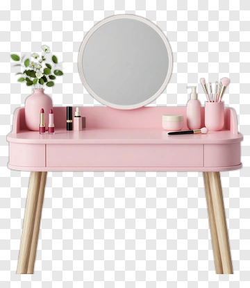 Pink Vanity Table With Mirror And Makeup Accessories PNG