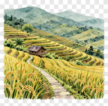Rice Terraces With A Traditional House PNG