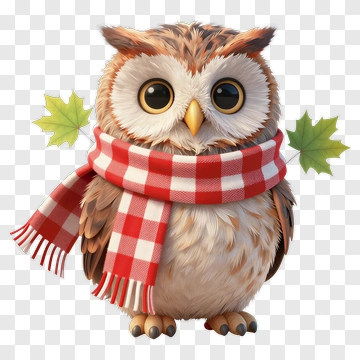 Cartoon Owl Wearing A Red Checkered Scarf PNG