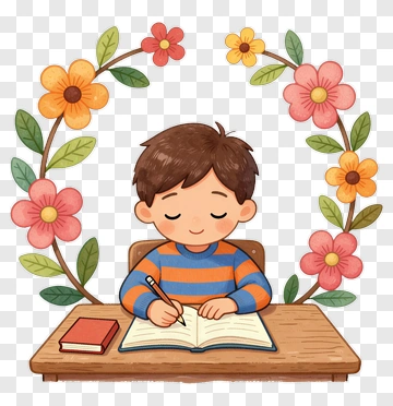 Happy Boy Writing At A Desk Surrounded By Flowers PNG