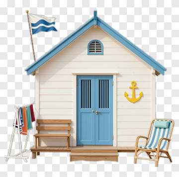 Beach House With Blue Door And Anchor Decoration PNG